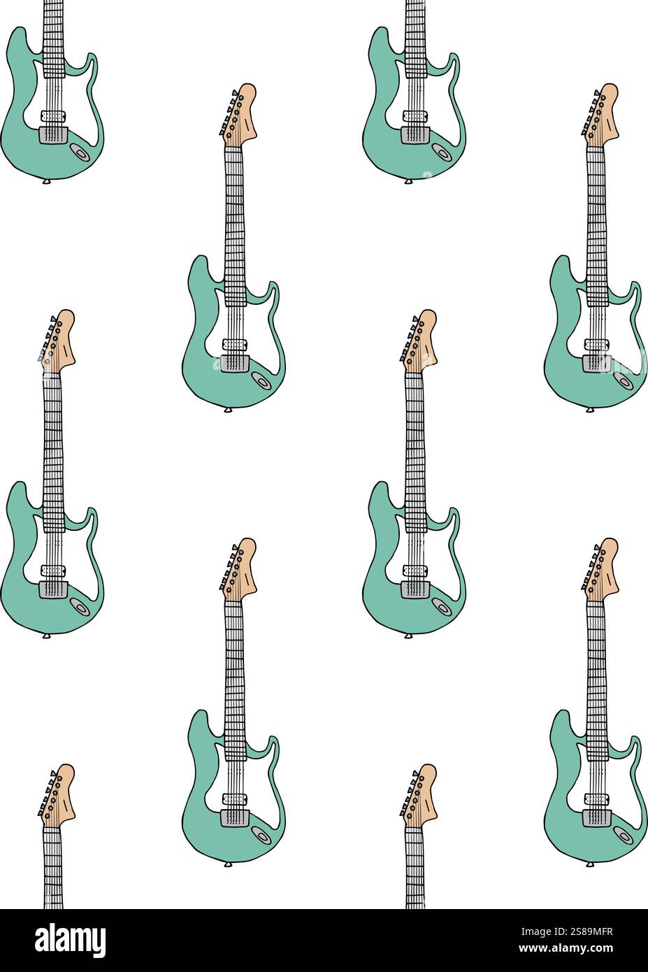 Vector seamless pattern of mint colored hand drawn doodle sketch electronic guitar isolated on white background Stock Vector