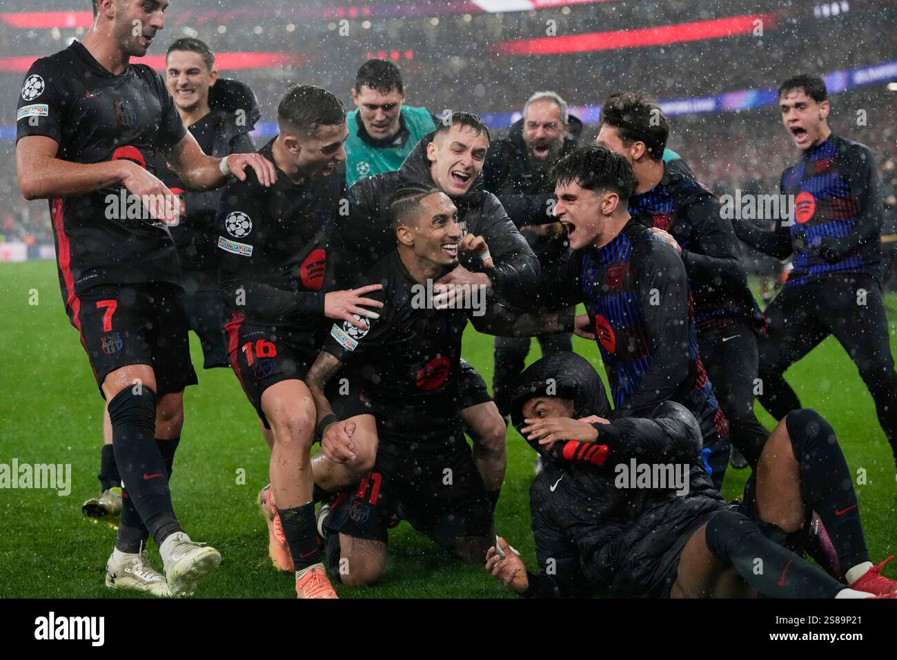 Barcelona's Raphinha celebrates his side's fifth goal during a ...