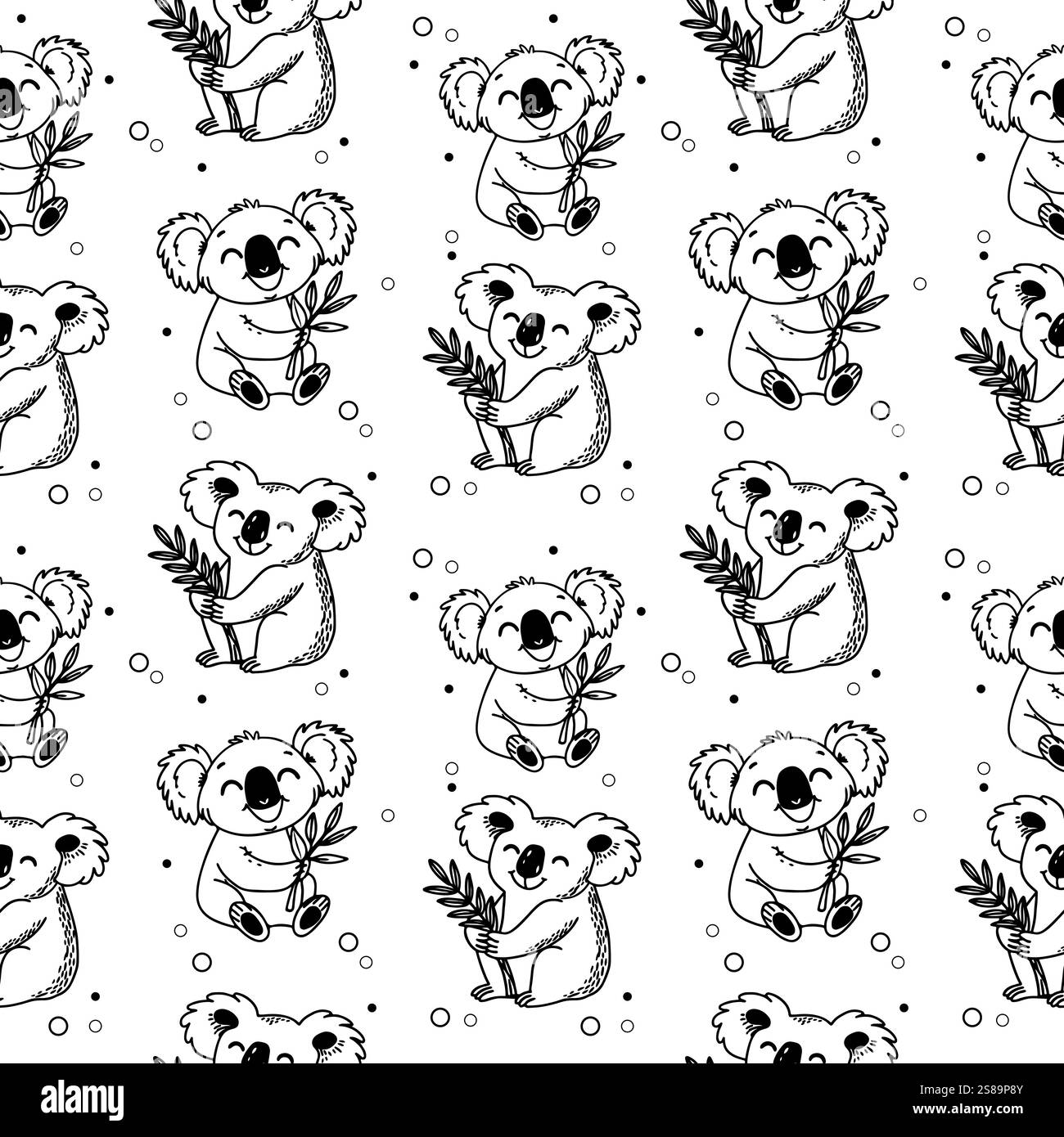 Doodle seamless pattern with cute koalas and eucalyptus. Hand drawn vector design. Stock Vector