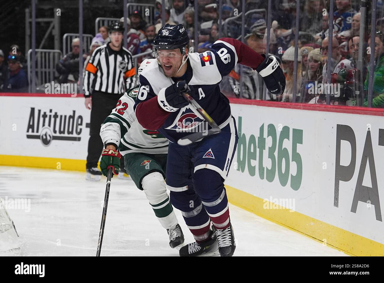 Colorado Avalanche right wing Mikko Rantanen (96) and Minnesota Wild