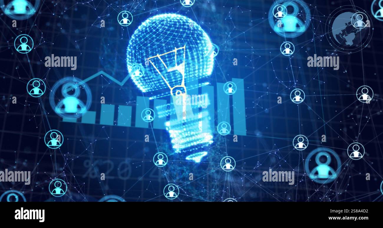Image of network of connections with icons over lightbulb and diagrams ...