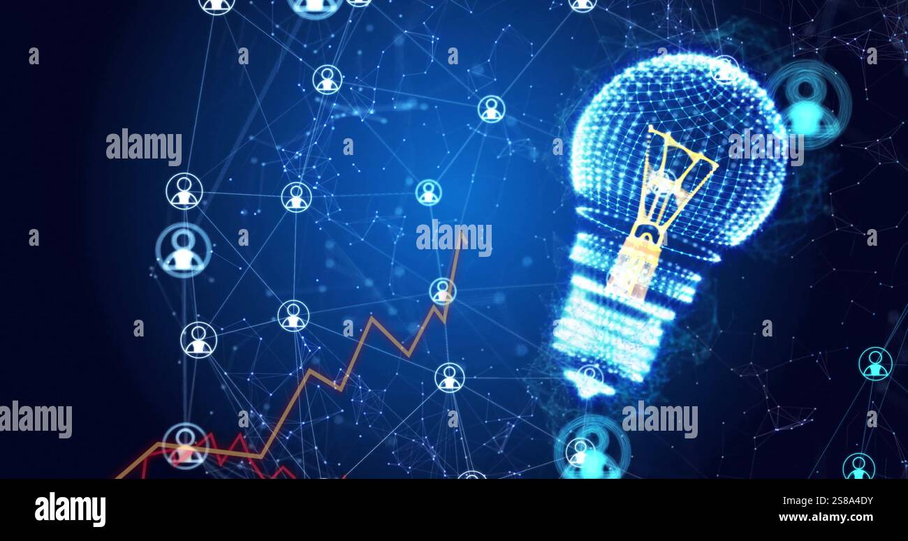 Image of network of connections with icons over lightbulb and diagrams ...