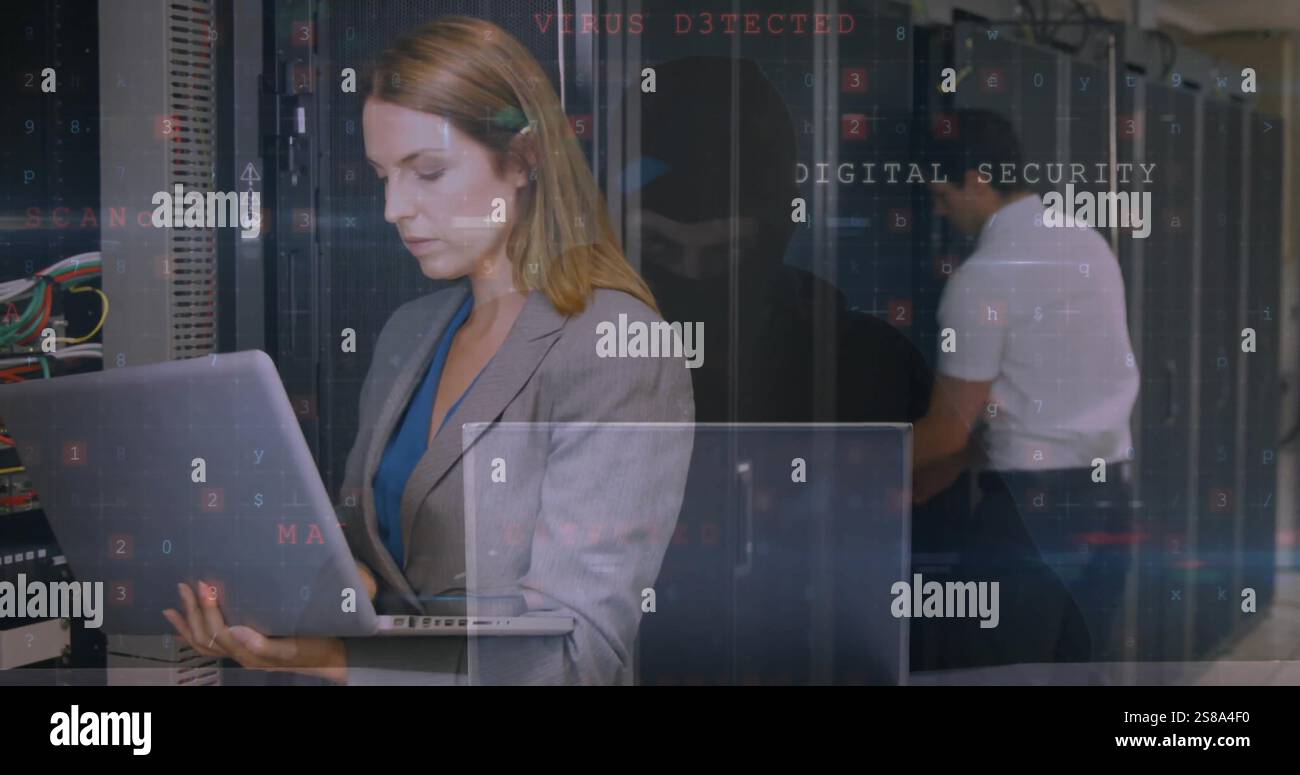 Image of security data processing over diverse colleagues working in server room Stock Photo