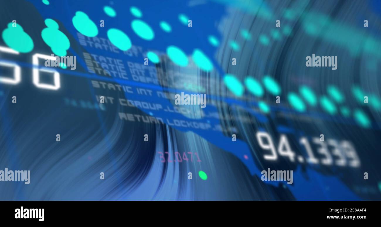 Image of data stream processing over blue world map and swirling background Stock Photo