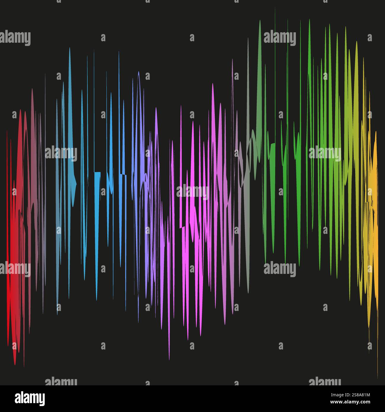 Rainbow soundwave pattern. Vibrant gradient spectrum. Abstract audio visualization. Black background contrast. Stock Vector