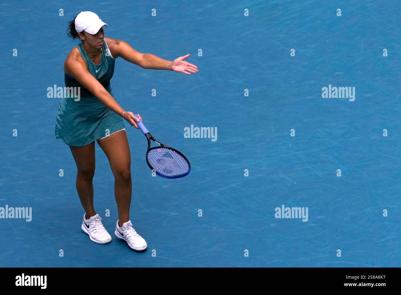 Madison Keys of the U.S. reacts during her quarterfinal match against