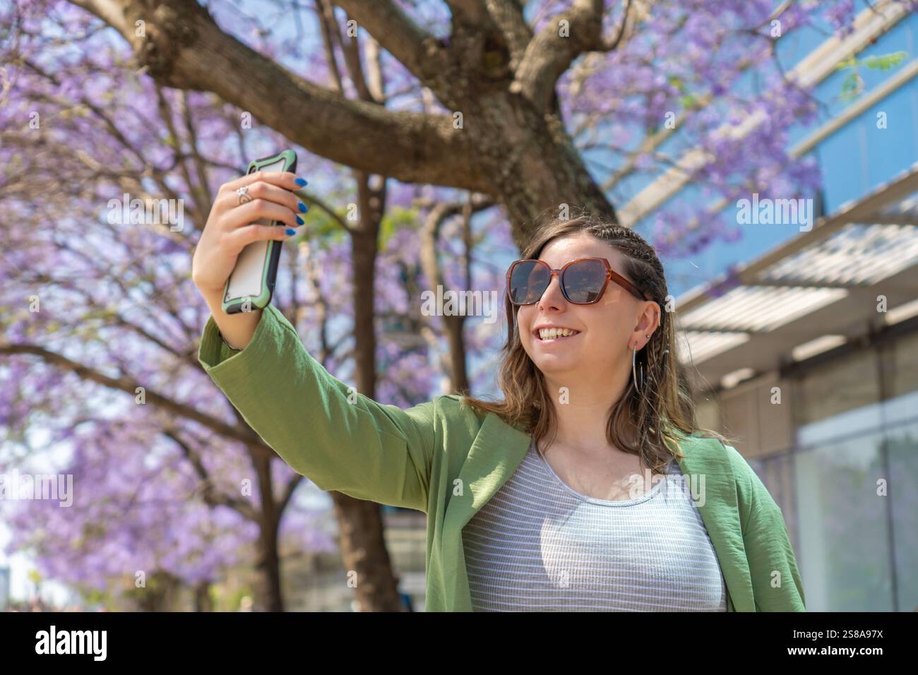 Street with blooming jacaranda trees hi-res stock photography and