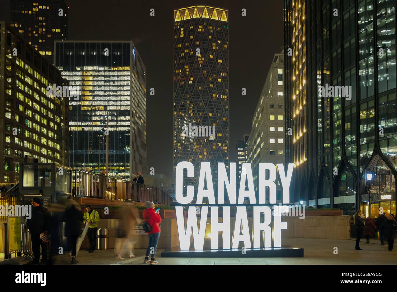 An oversized illuminated Canary Wharf sign welcomes visitors on the ...
