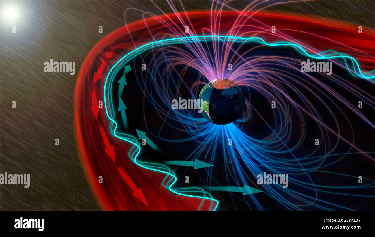 Illustration of magnetospheric waves (light blue). At the front of the ...