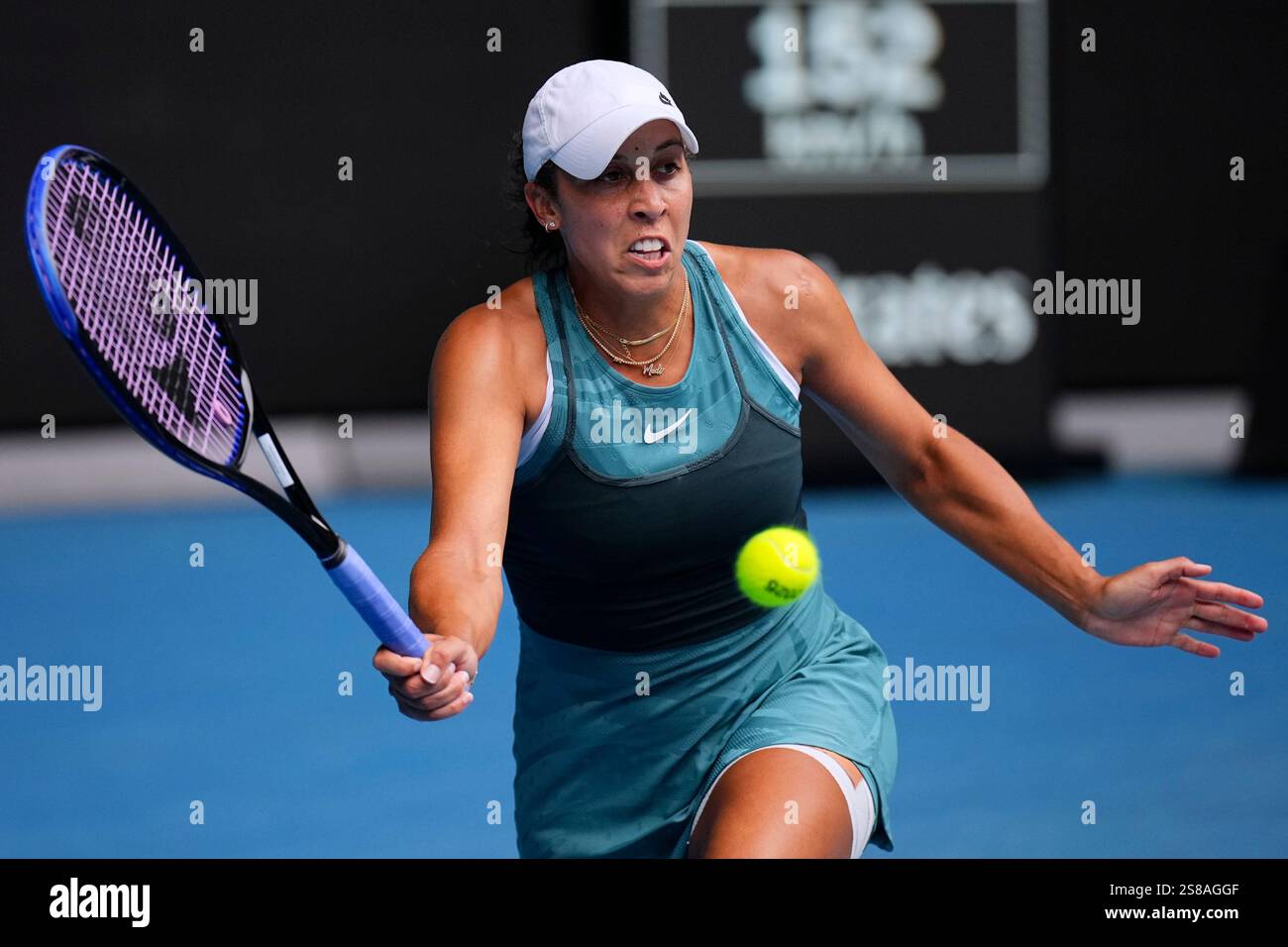 Madison Keys of the U.S. plays a forehand return to Elina Svitolina of