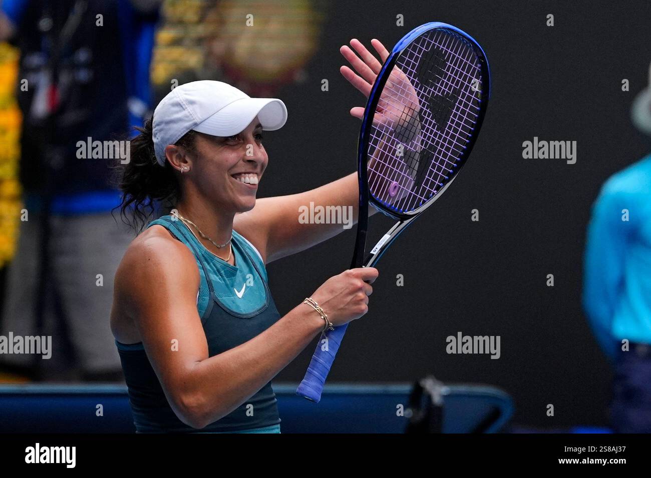 Madison Keys of the U.S. celebrates after defeating Elina Svitolina of