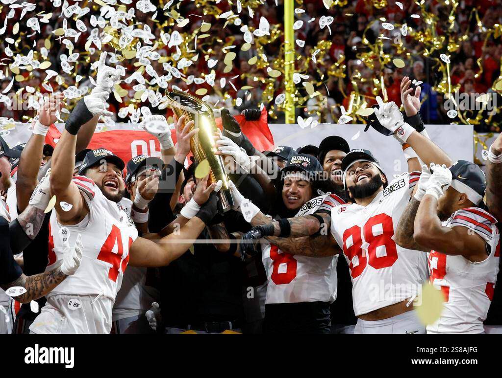 Ohio State players celebrate after winning the College Football Playoff