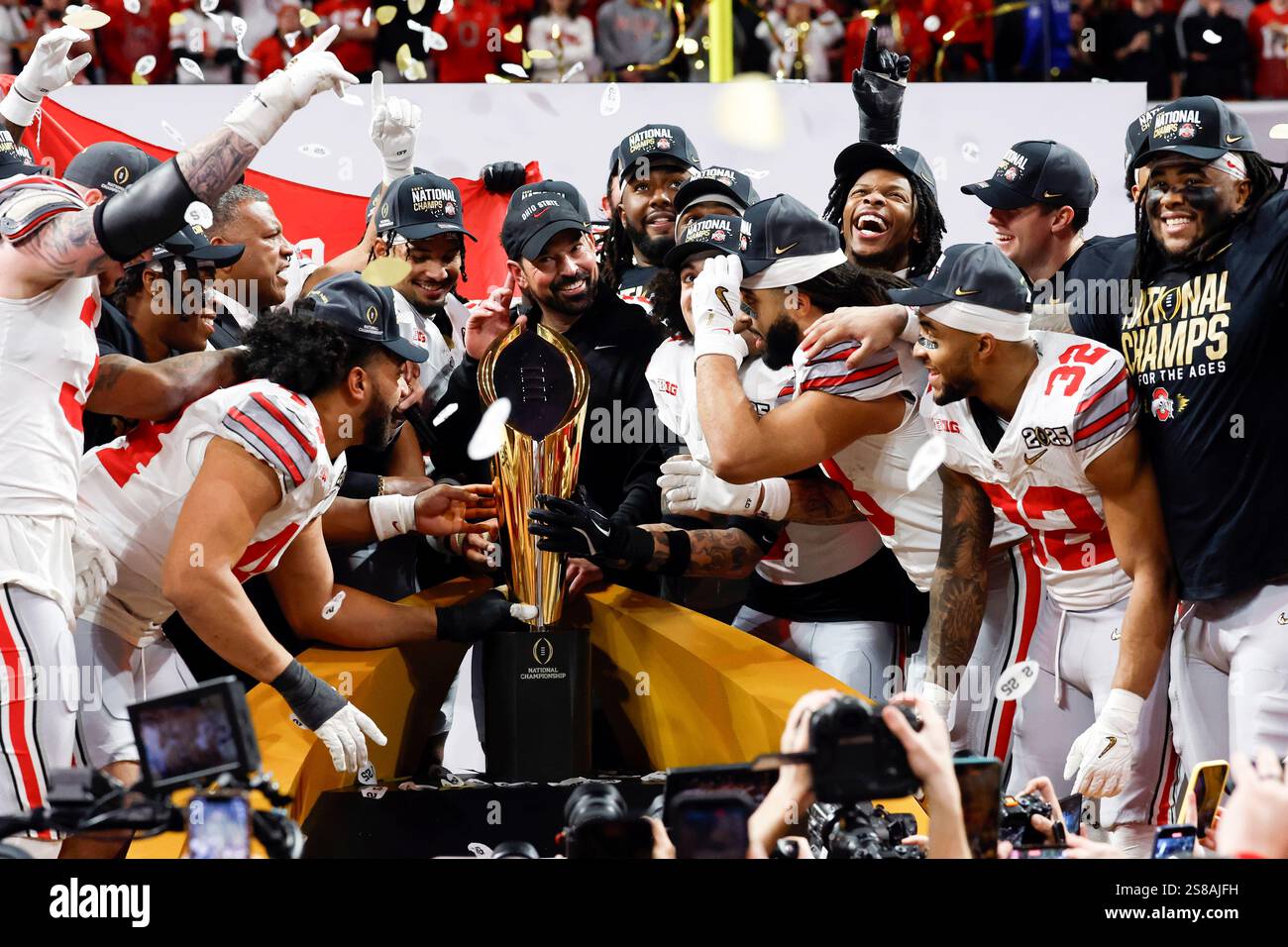 Ohio State players celebrate after winning the College Football Playoff national championship