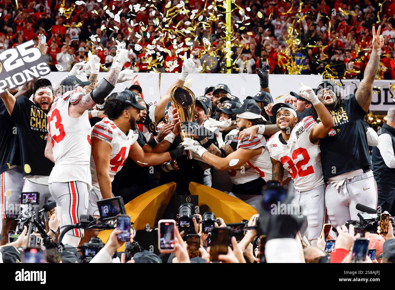 Ohio State players celebrate after winning the College Football Playoff