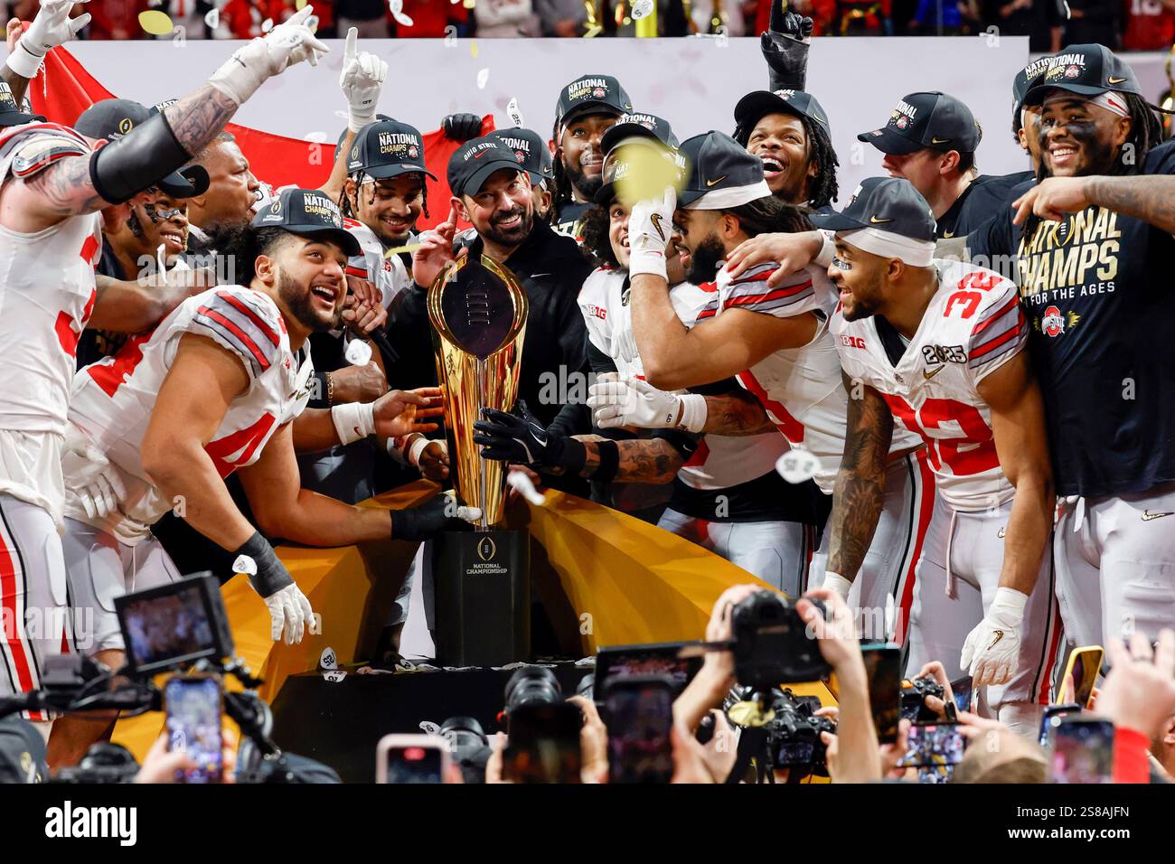 Ohio State players celebrate after winning the College Football Playoff