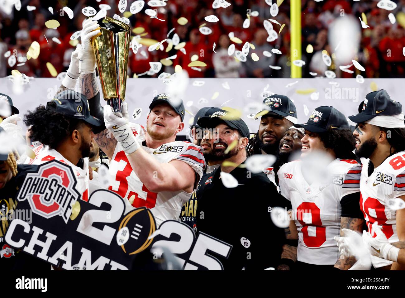 Ohio State players celebrate after winning the College Football Playoff