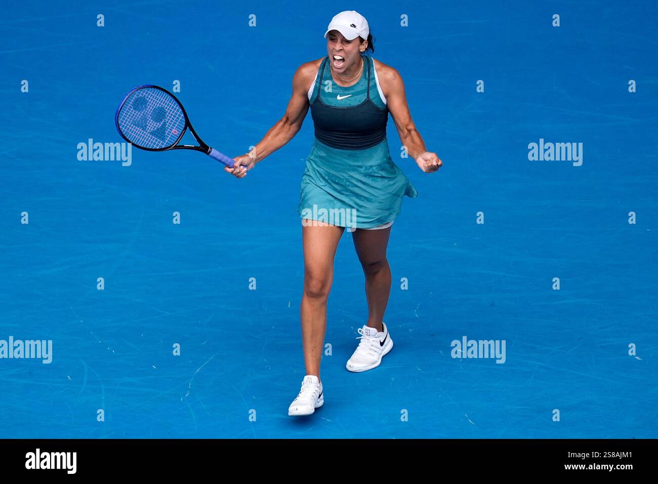 Madison Keys of the U.S. celebrates after defeating Elina Svitolina of
