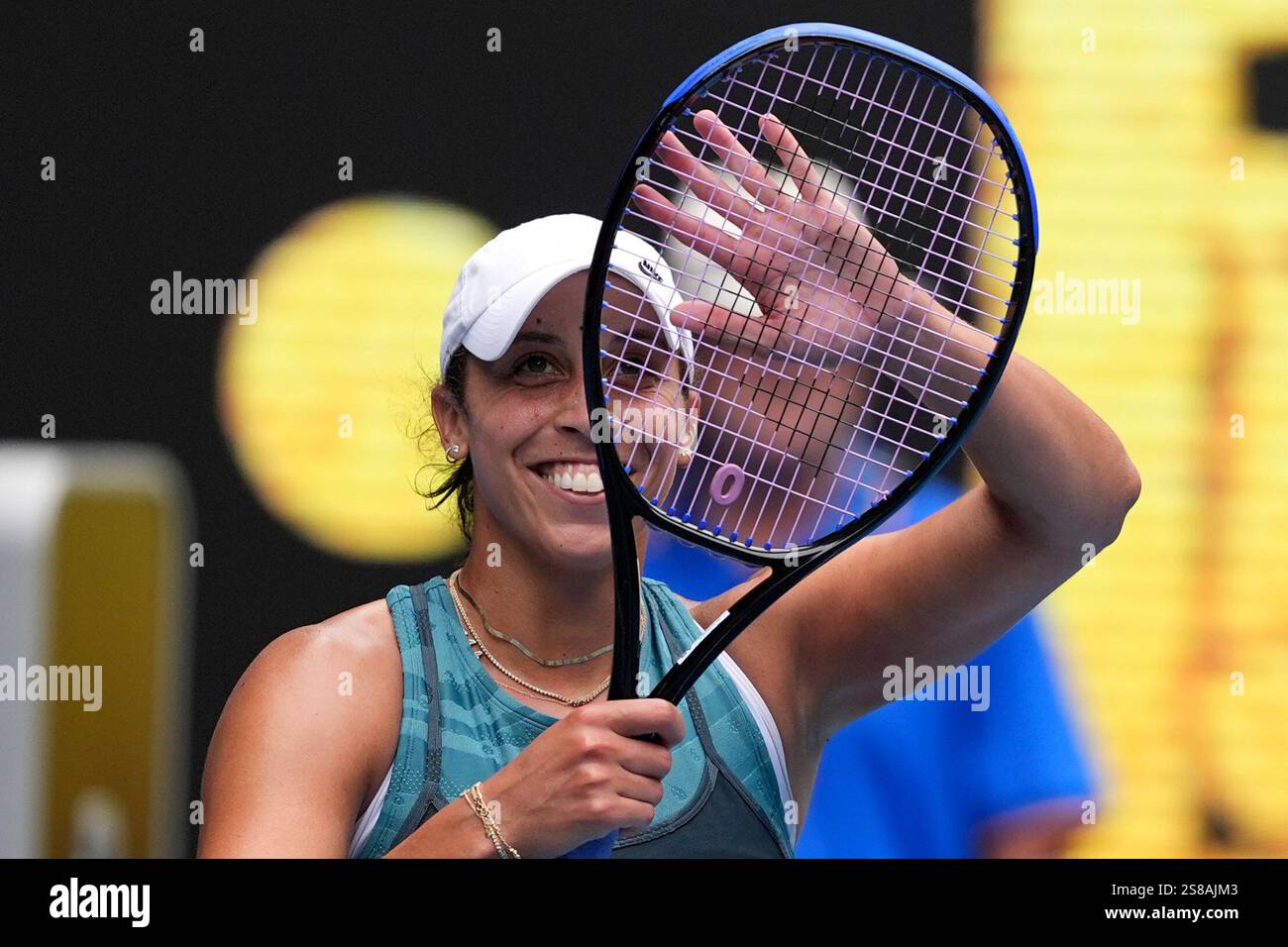 Madison Keys of the U.S. celebrates after defeating Elina Svitolina of