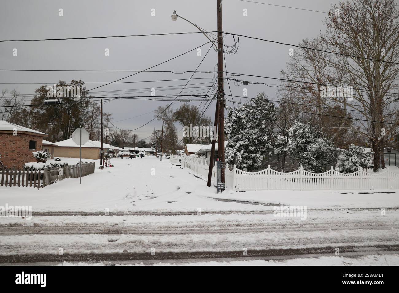 Snowfall from Winter Storm Enzo cover homes on Apricot Street on