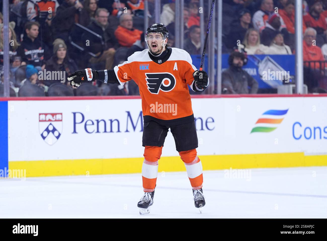 Philadelphia Flyers' Travis Konecny reacts during an NHL hockey game