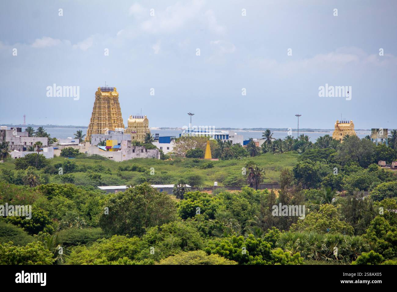 Aerial view of Ramanathaswamy Temple which is a Hindu temple dedicated to the god Shiva in Rameswaram, Tamil Nadu, India. Translation: Shiva Shiva in Stock Photo