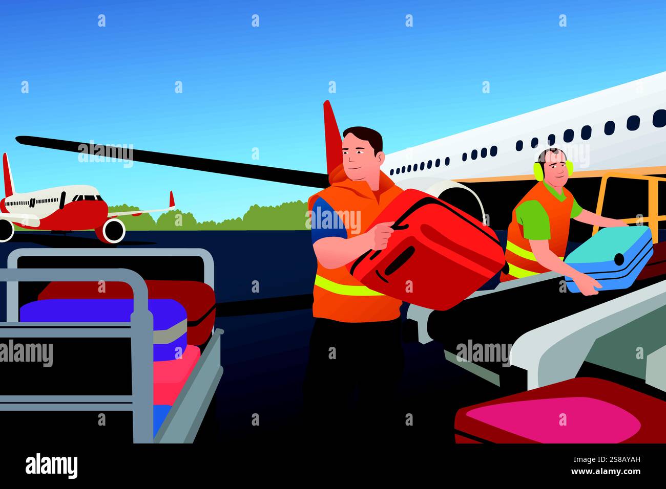 A vector illustration of Airport Worker Loading Luggage Into Airplane ...