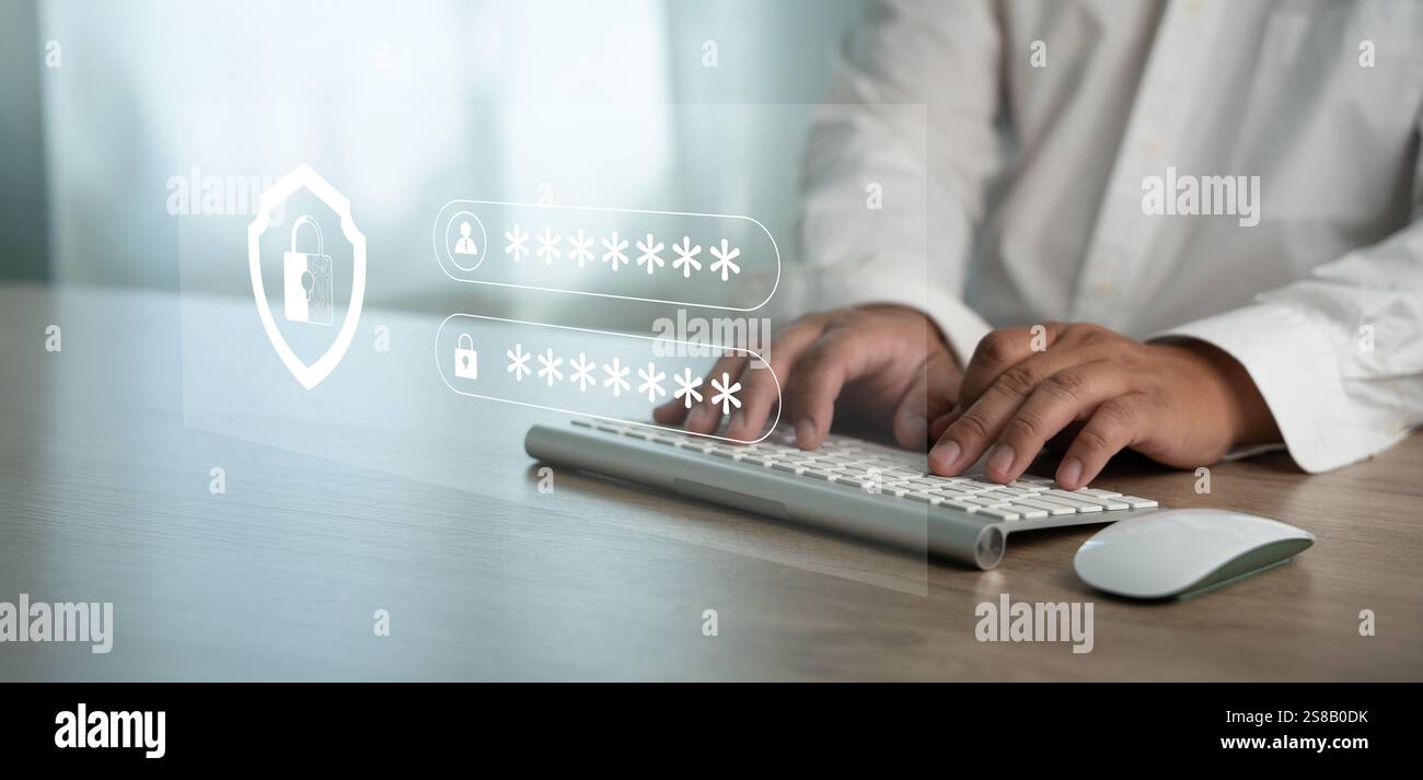 password security code to protect Businessman using laptop password concept. Lock icon data protection hacker Stock Photo