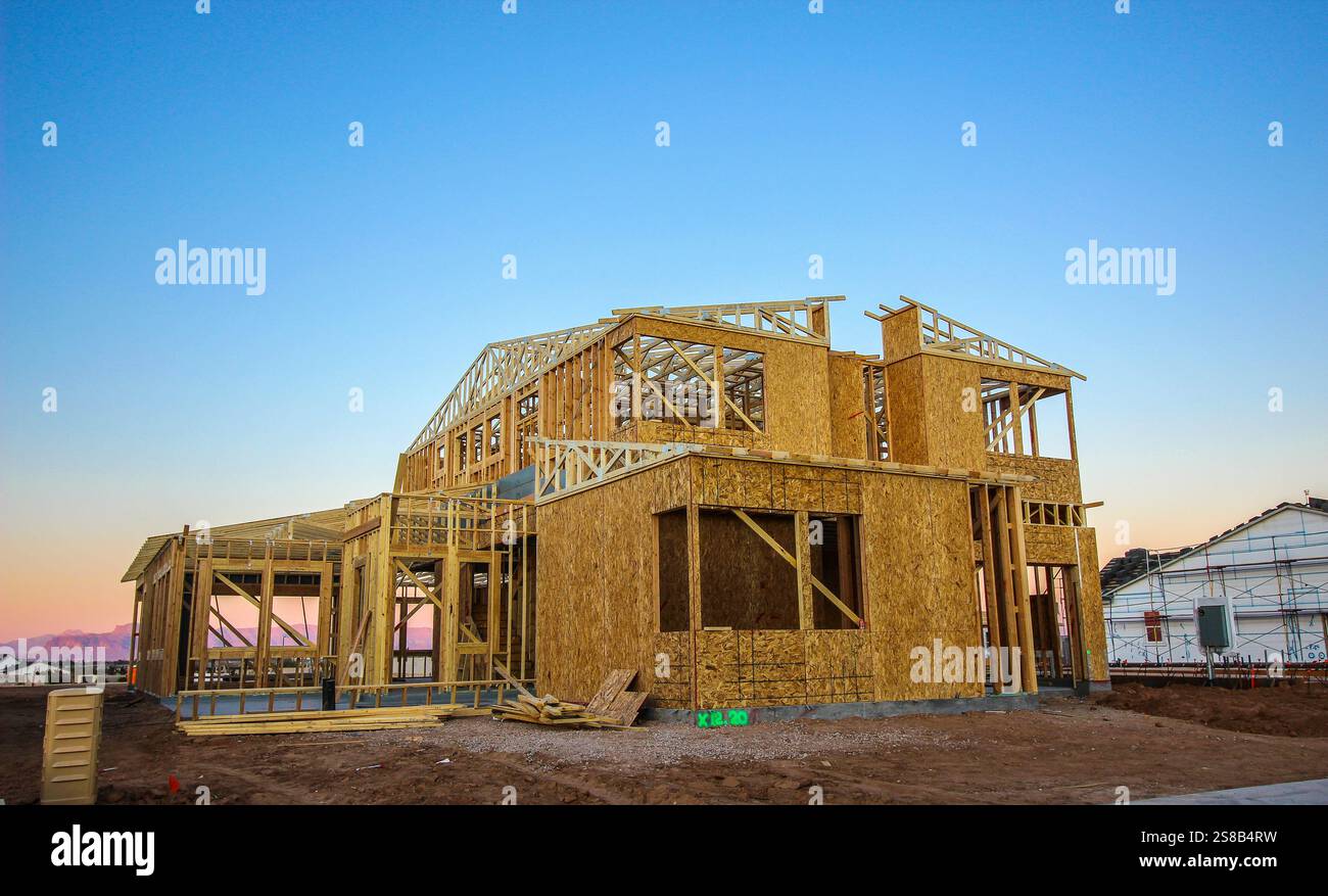 New Housing Project With Two Story Home Under Construction Stock Photo
