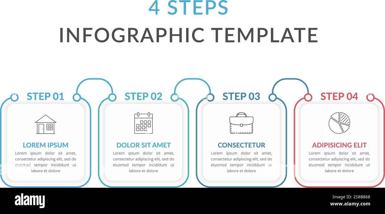 Infographic template with four squares with text and line icons ...