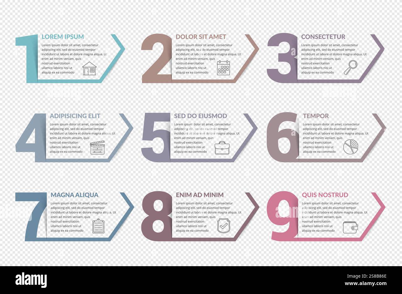 Set of nine numbers with place for your text, can be used as steps ...