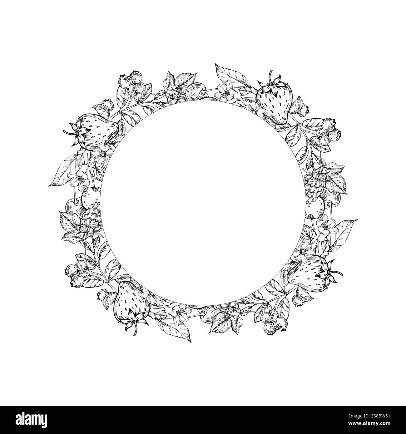 Berries vector wreath hand drawn in ink. Round frame Stock Vector