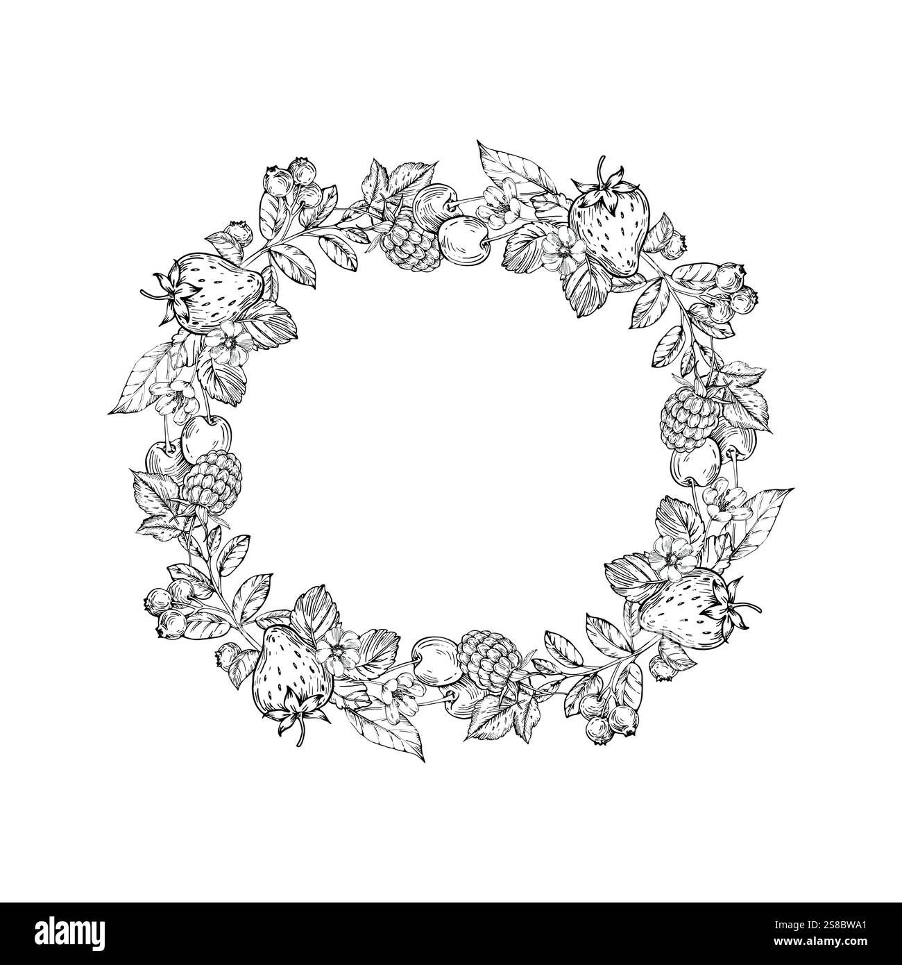 Raspberry vector black and white wreath hand drawn with ink Stock Vector