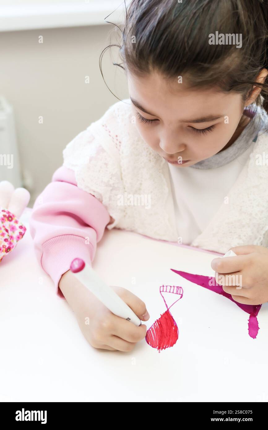 Cute little preschooler child drawing at home. High quality photo Stock ...