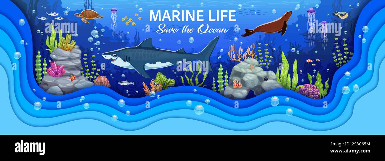 Funny cartoon sea animals at underwater landscape with vector 3d paper ...