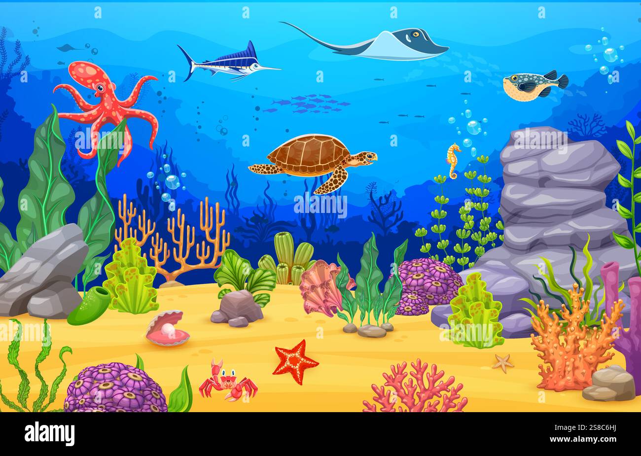 Sea underwater landscape with ocean animals and fishes, vector cartoon ...