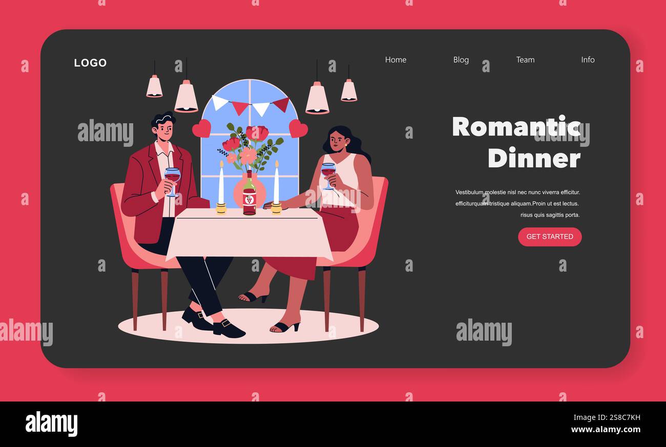 Valentine's Day romantic dinner scene. A couple enjoys a cozy evening, complete with wine and flowers. The setting features candles and festive decorations, creating an intimate atmosphere. Perfect for celebrating love. Vector illustration. Stock Vector