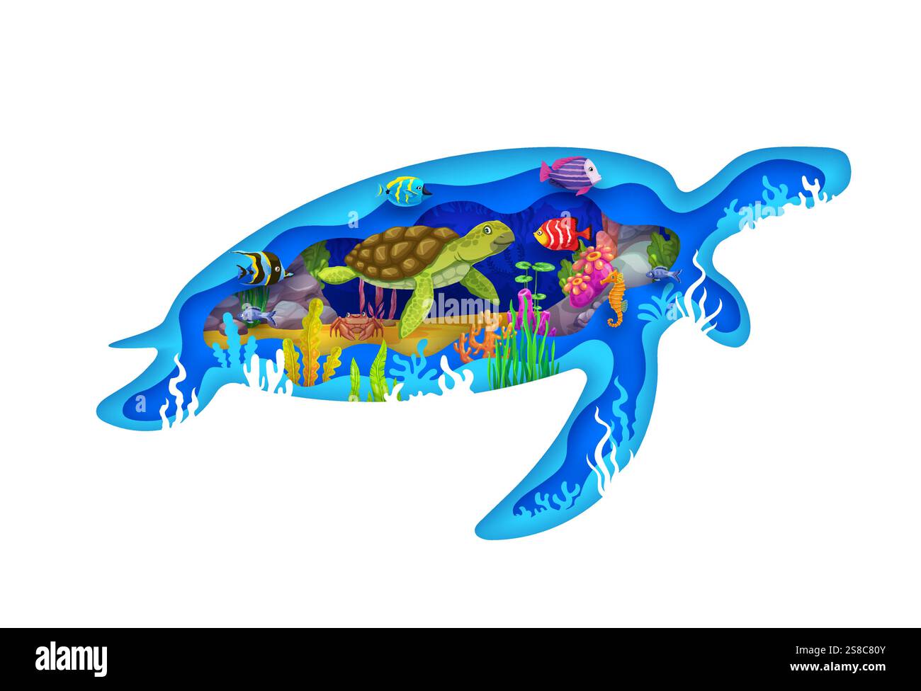 Paper cut underwater landscape with sea turtle silhouette 3d vector ...