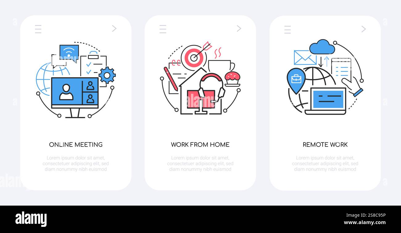 Online meeting and remote work - line design style banners set with ...