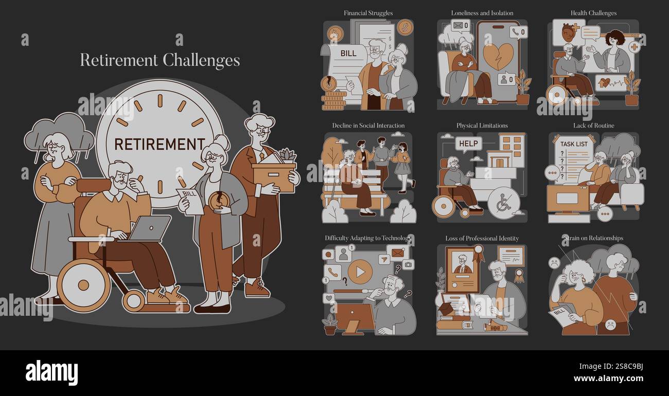 Retirement Challenges set. Illustration of seniors facing financial ...
