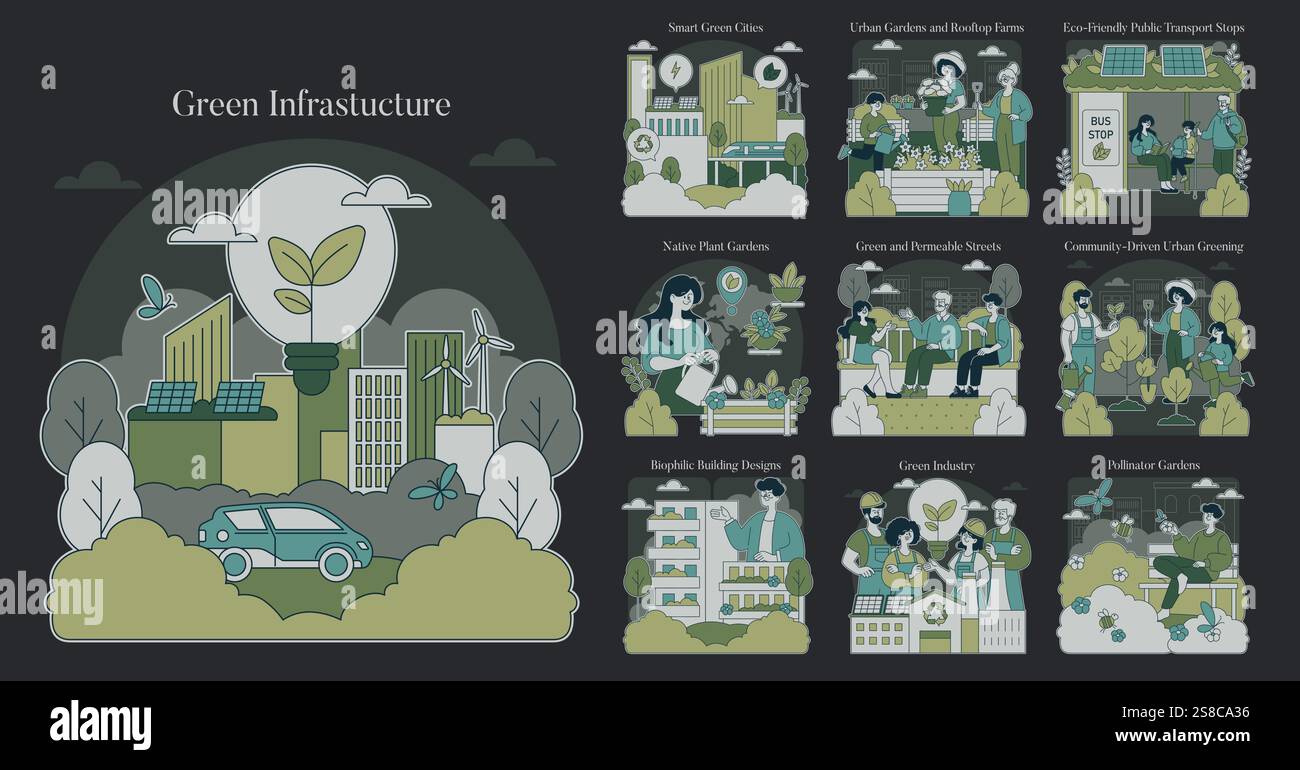 View of Green Infrastructure concept. Sustainable urban design integrates eco ...
