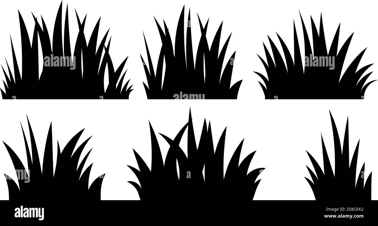 Set of black isolated grass silhouettes on white background Stock ...