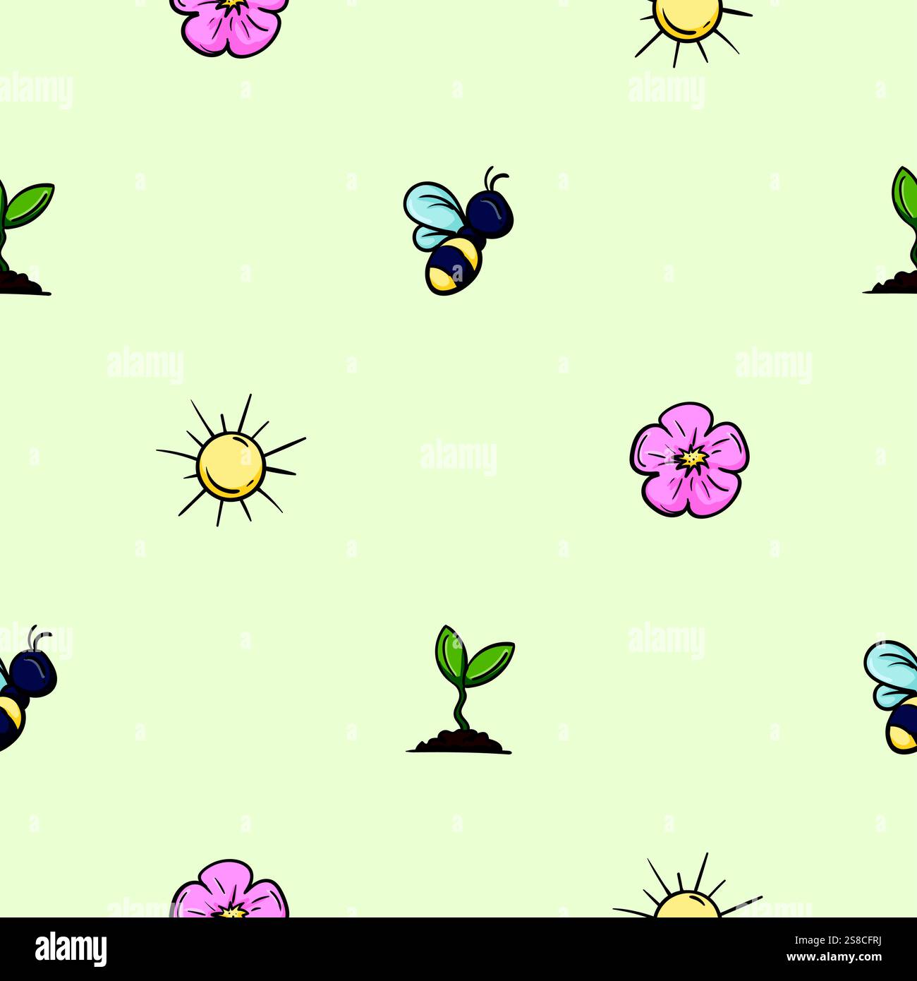 Bright spring seamless pattern with bee, flower, sun and plant. Vector ...