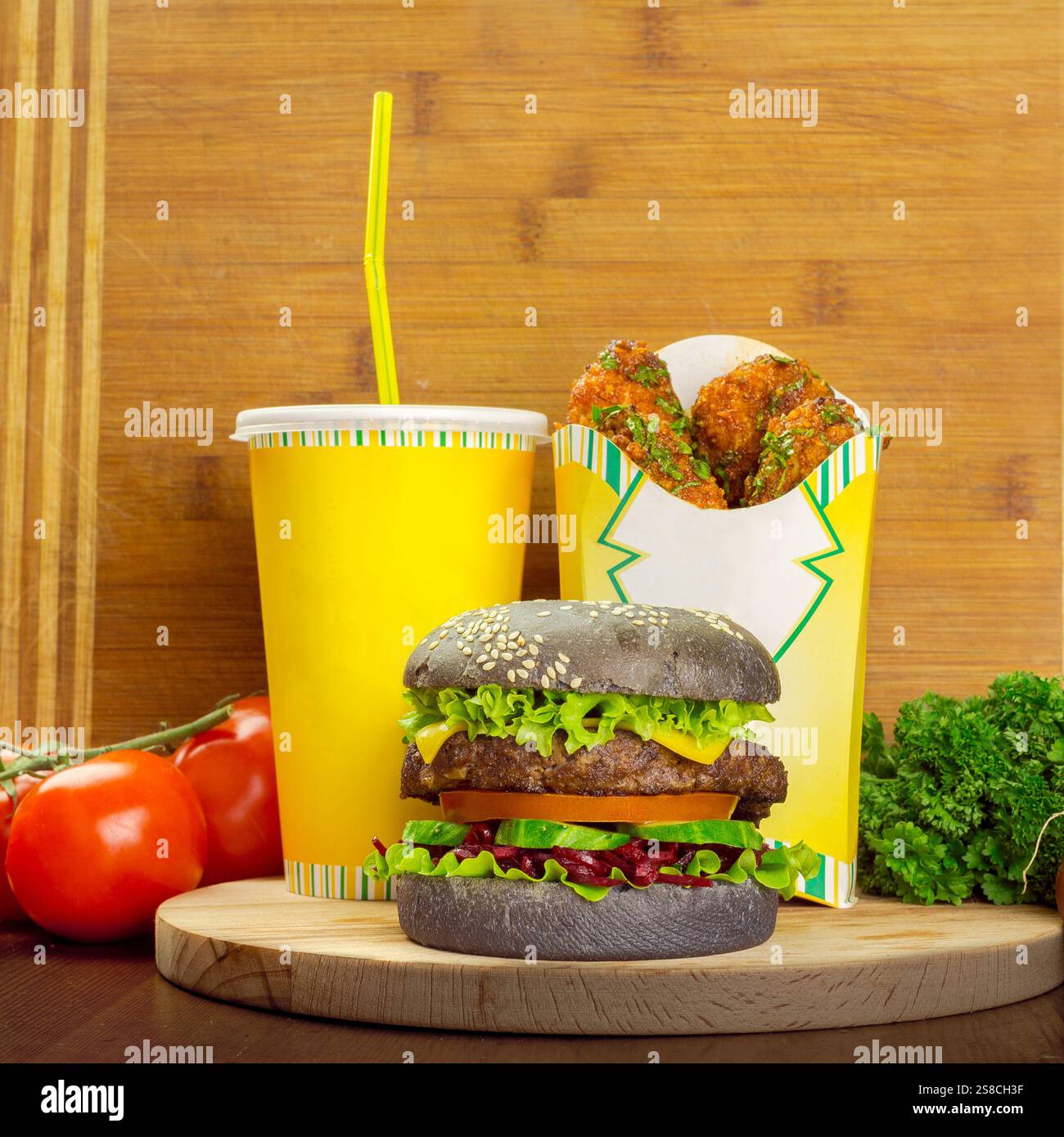 fast food menu with hamburger, french fries and glass of cola Stock ...