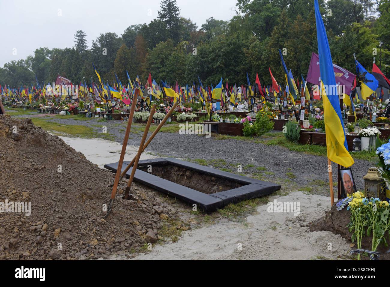 A freshly dug grave in the Field of Mars Cemetery, Lviv, now housing over 750 graves of soldiers from Lviv killed in the Russian invasion. Sept 2024 Stock Photo