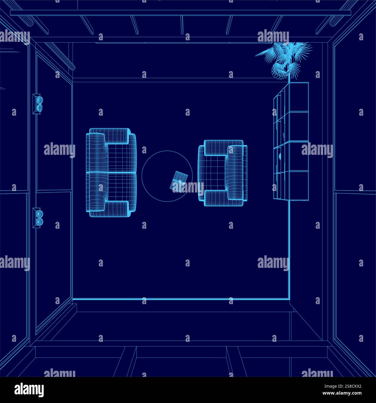 Blue room with two chairs and a table. The chairs are facing each other ...