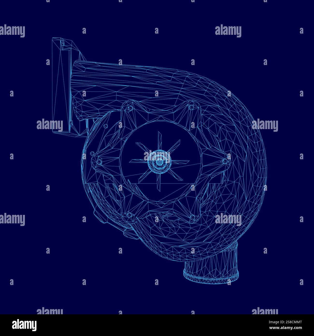 Blue drawing of a car turbo part of engine with a turbo. The drawing is in blue and is very detailed Stock Vector