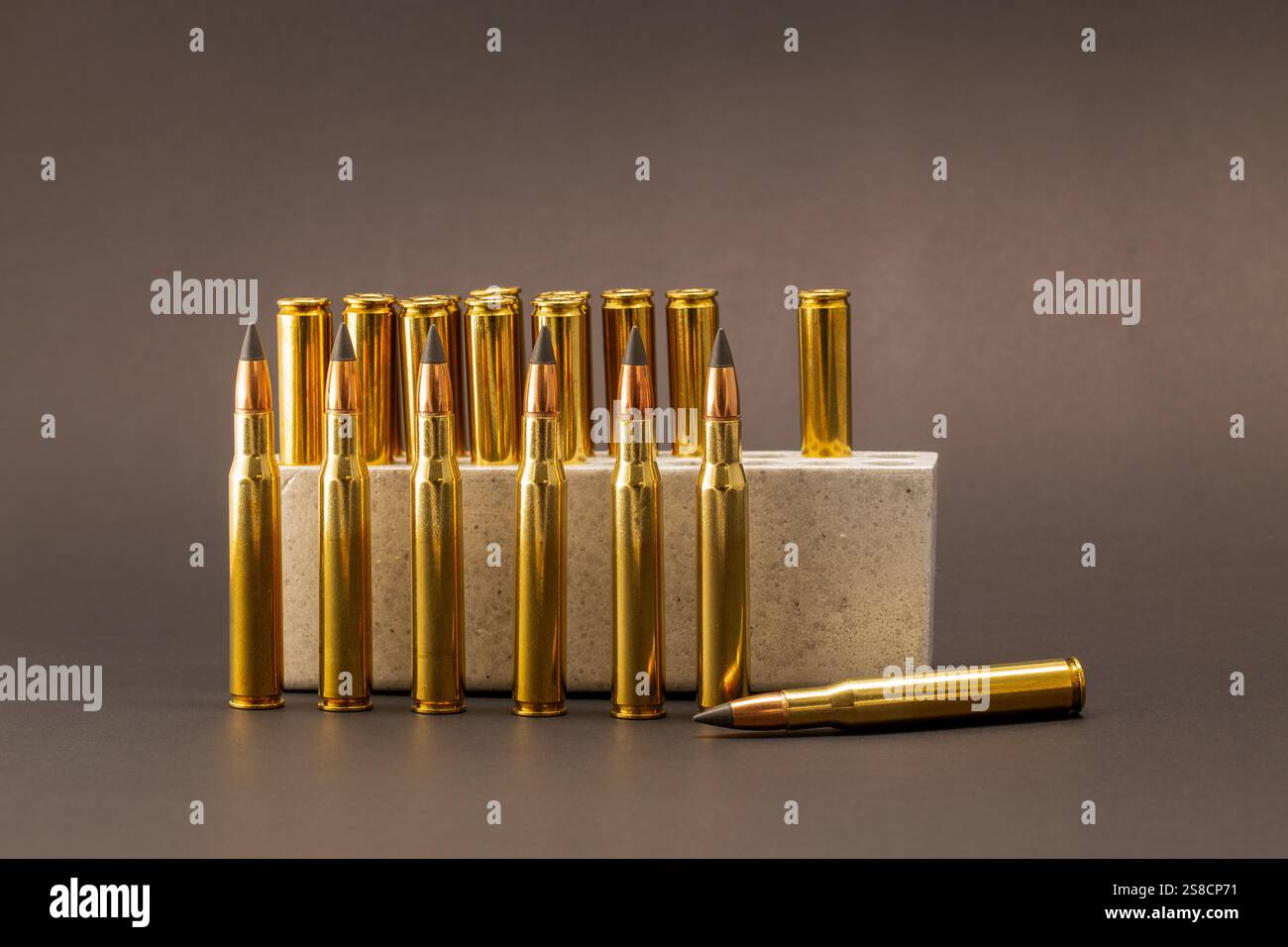 3006 hunting ammunition with black ballistic tips on a dark background