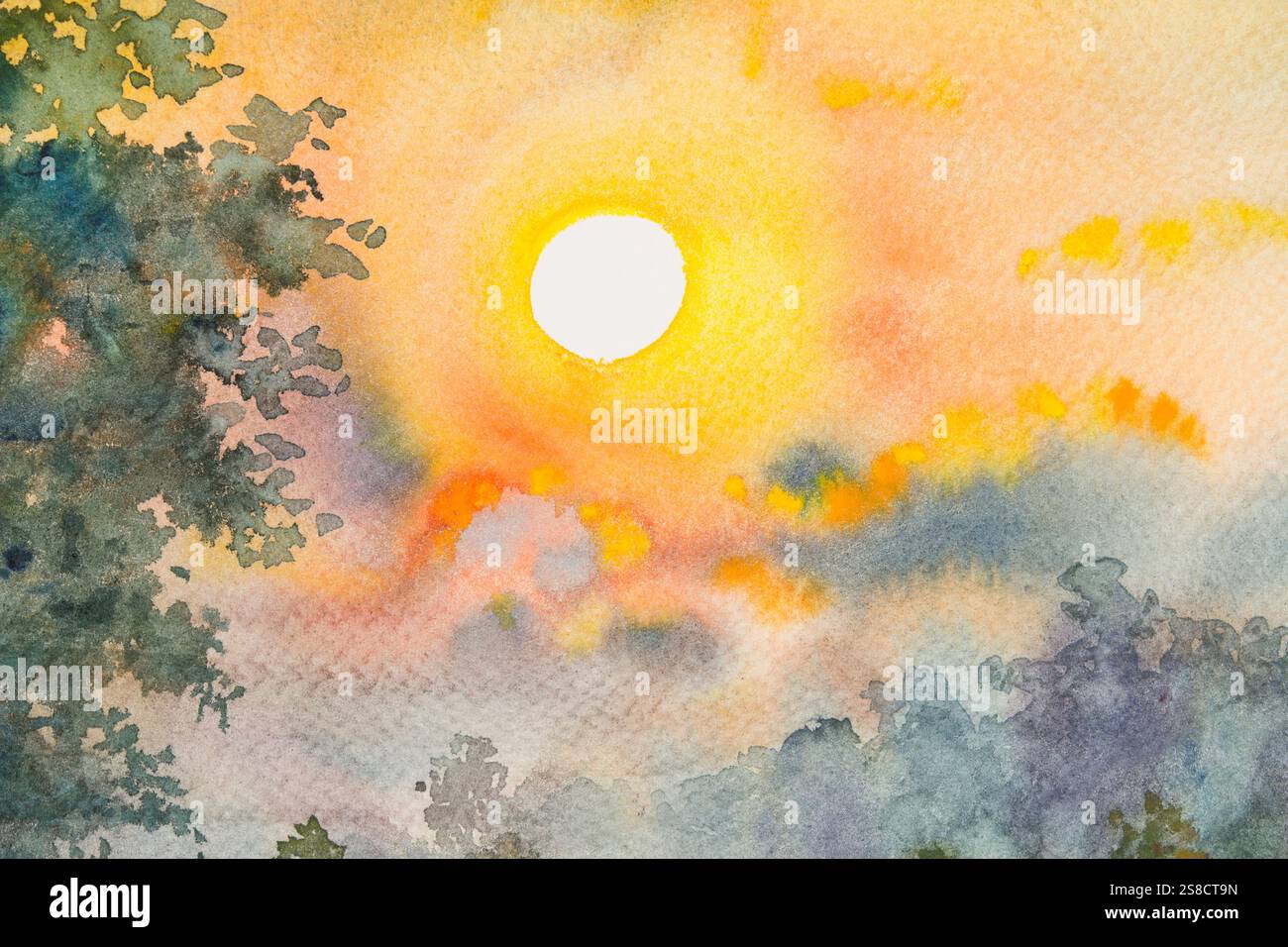 Watercolor original landscape painting yellow red color of sunshine and ...