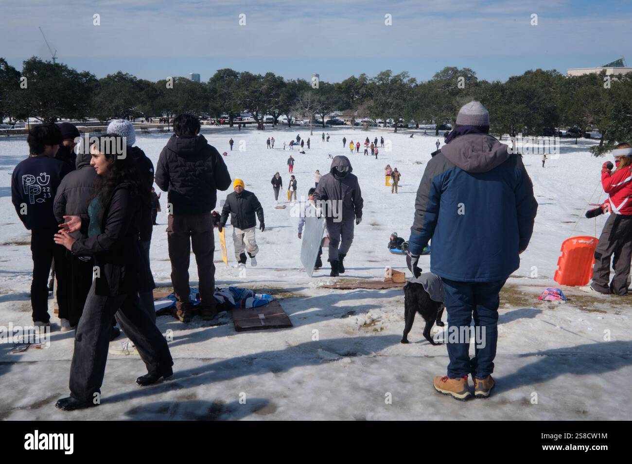 January 21, 2025, Houston, Texas, USA Residents play in the snow at