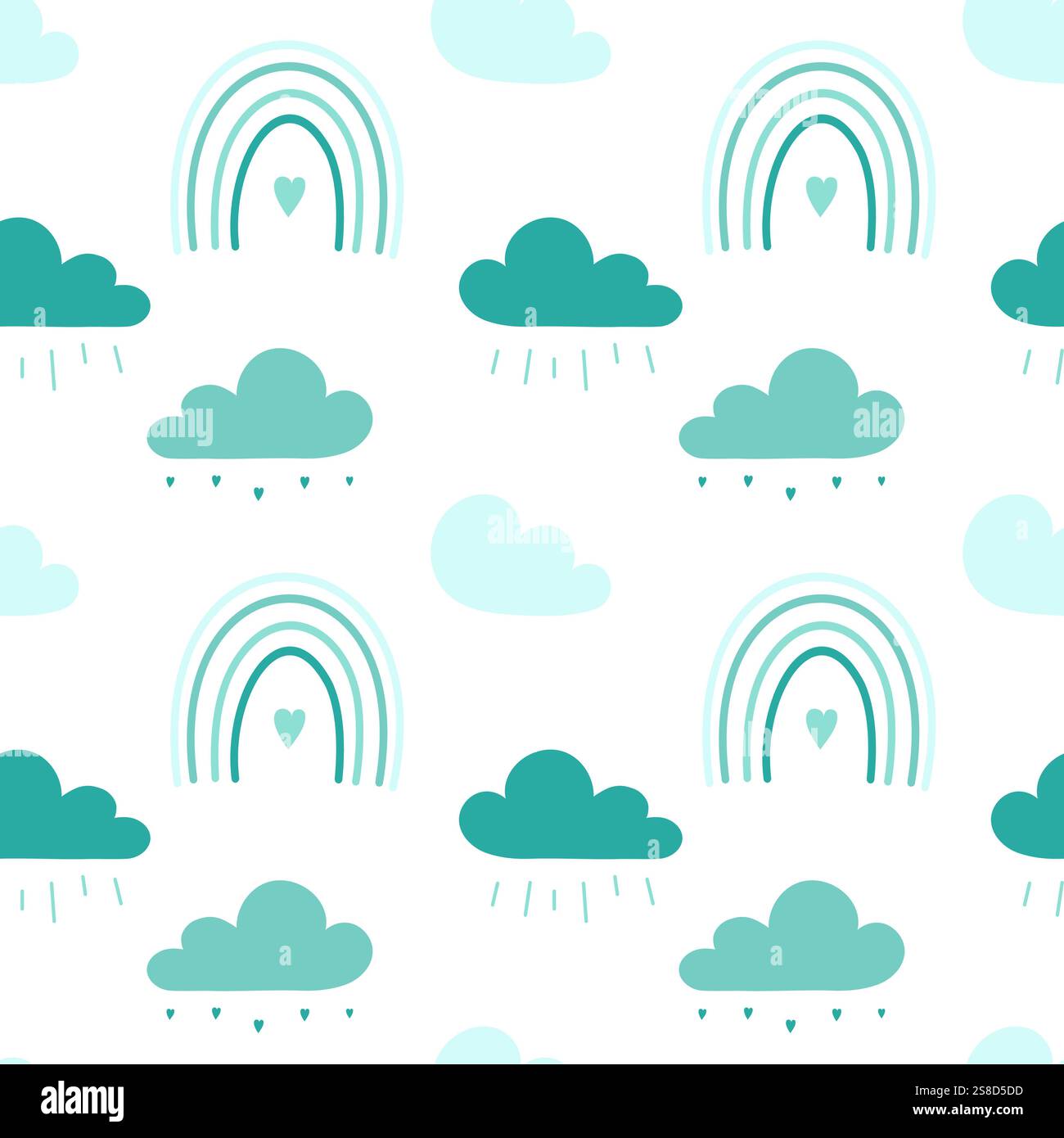 Summer rain with clouds and raindrops, simple pattern with clouds and rainbow with hearts. Cute cozy background in blue tones on white background. Vec Stock Vector